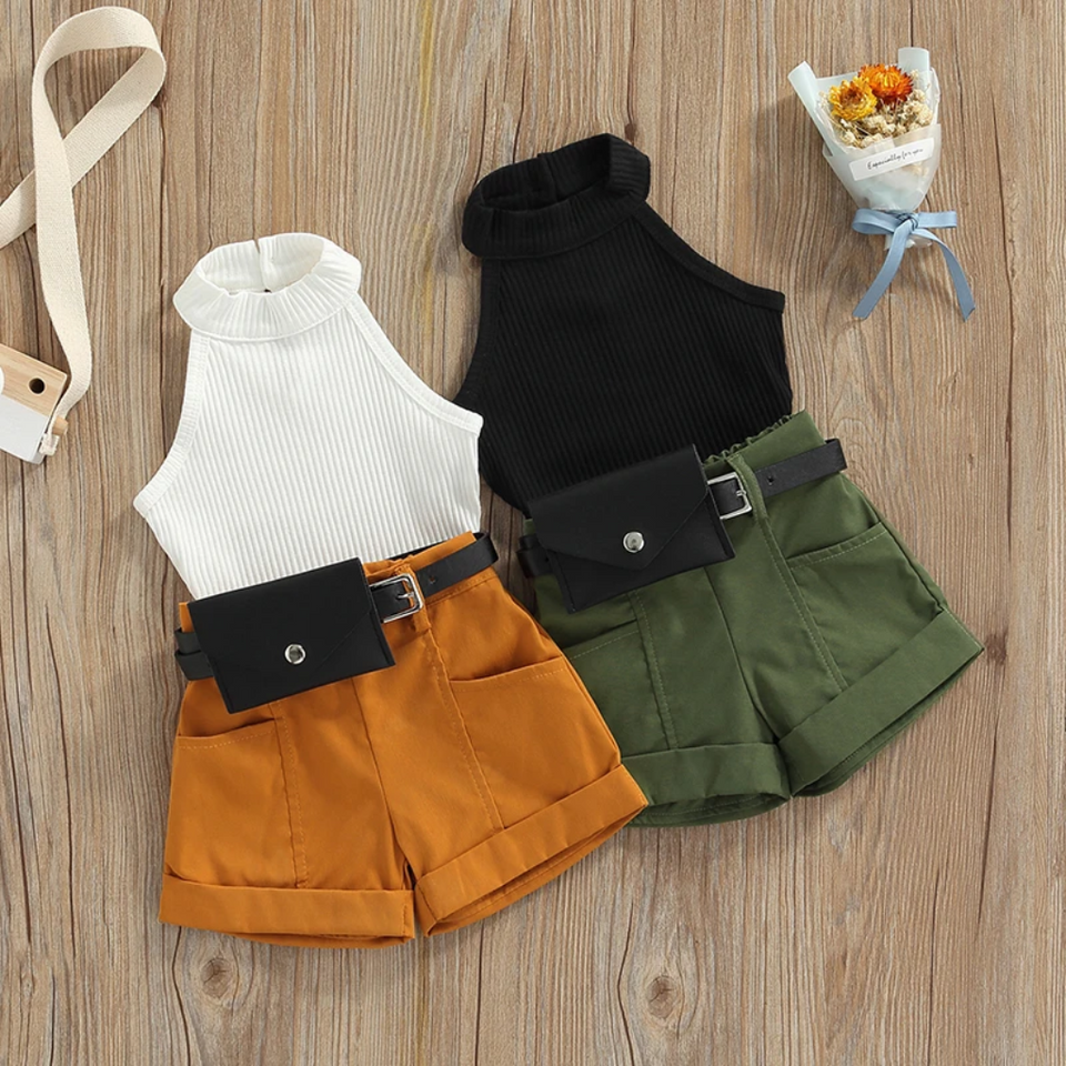 MiniFashionista – Elegant & Trends – Set för flickor med topp, shorts och midjeväska