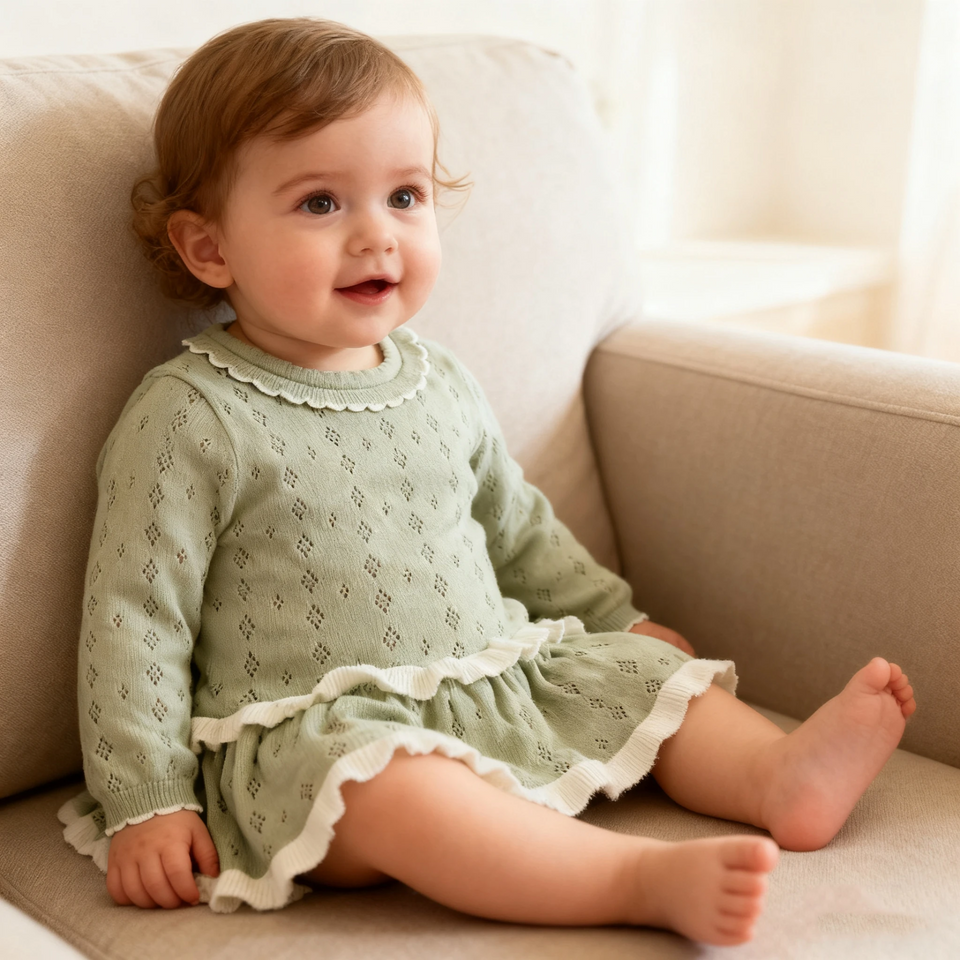 MiniBelle – Elegant & mjuk – Stickad babyklänning med volangdetaljer