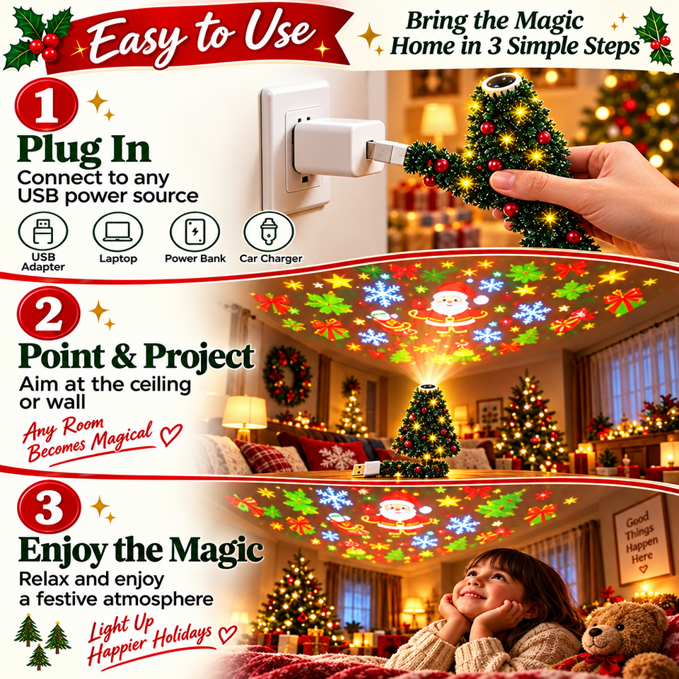 HolidayBeam – Festligt och stämningsfullt – USB-julprojektor med ljusmönster