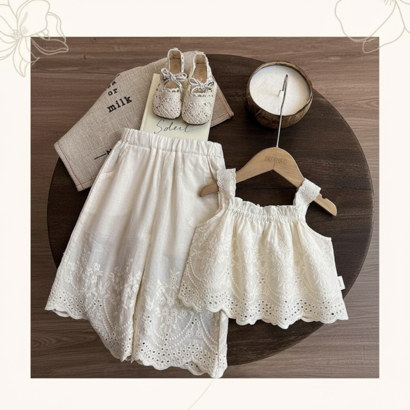 TinyLuxe – Sommarset med spetströja och byxor med vida ben