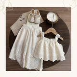 TinyLuxe – Sommarset med spetströja och byxor med vida ben