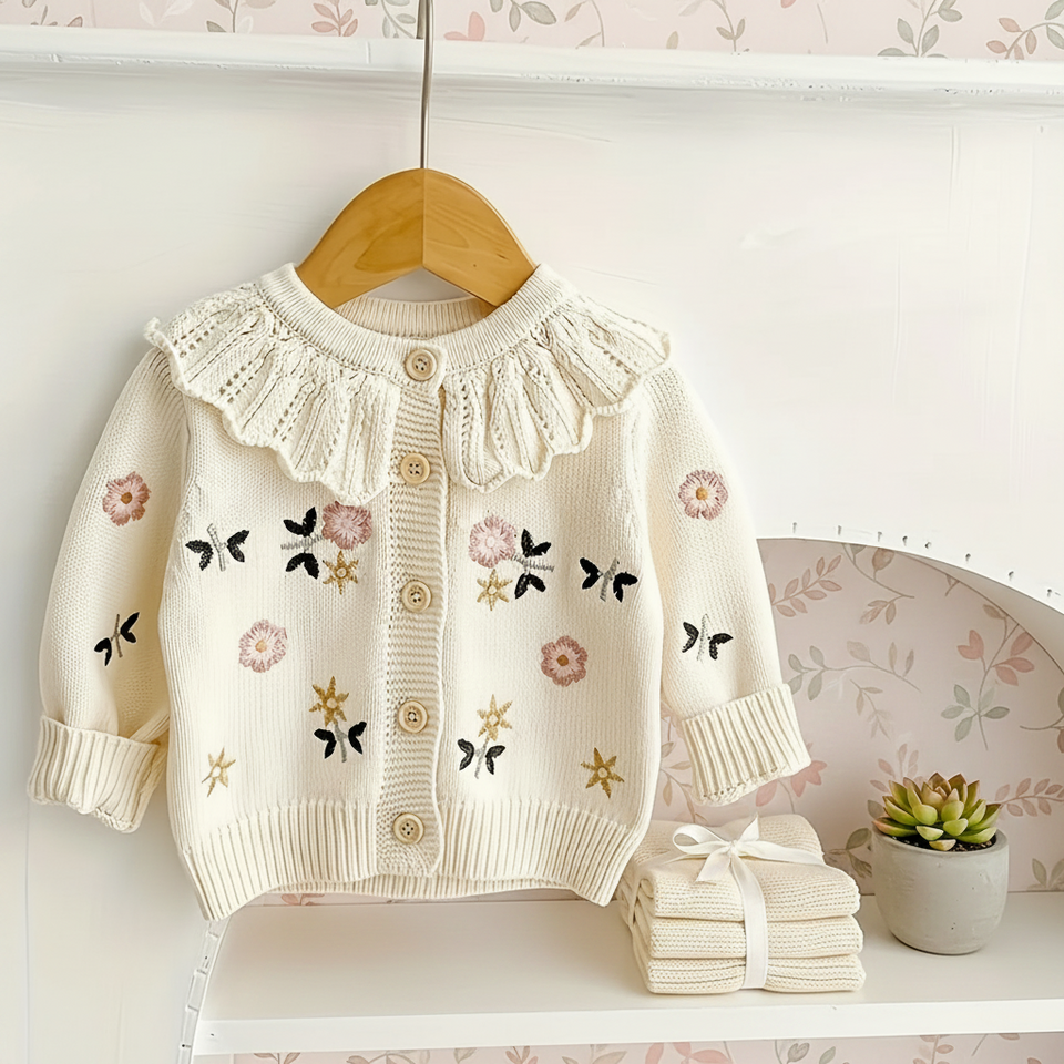 FloraKnit – Varmt och trendigt – stickad kofta med blomdetaljer