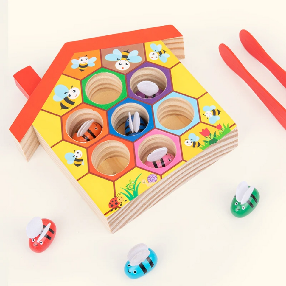 HoneyHive – Montessori & pedagogiskt – Sorteringsspel med bin i trä