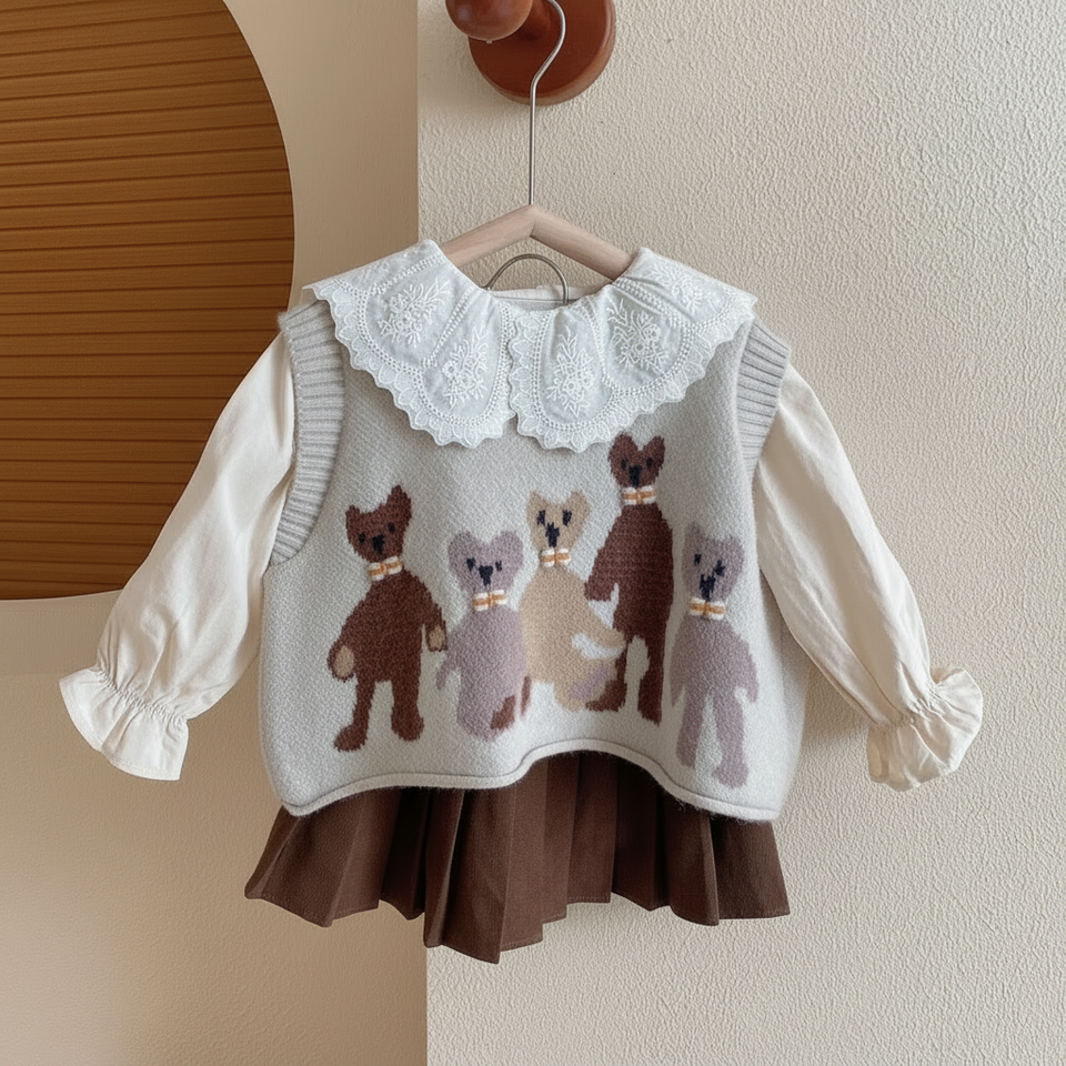 PrettyLayers – Sött & elegant – 3-delat set för flickor med kjol, blus och stickad kofta