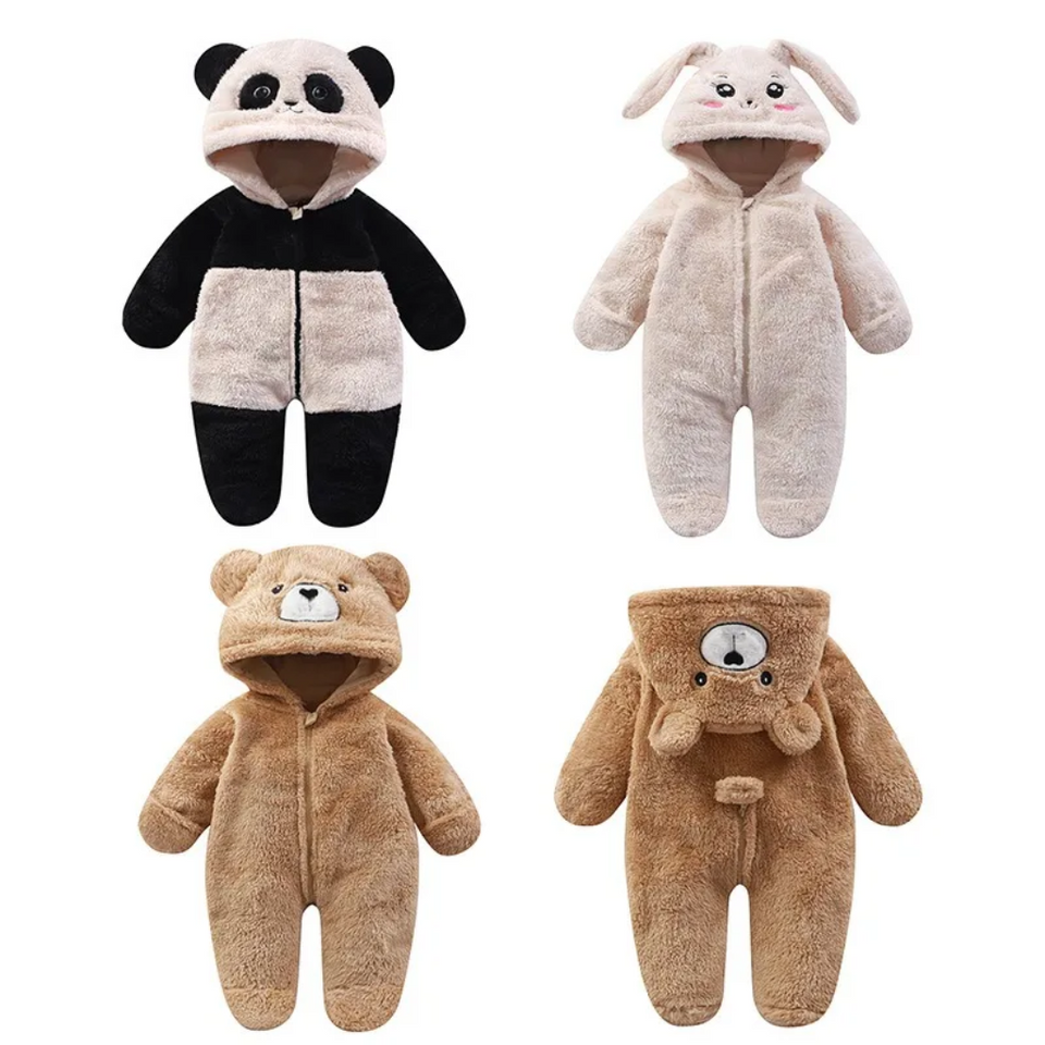 CozyBear – Mjuk & varm – Babyoverall med huva med djurmotiv