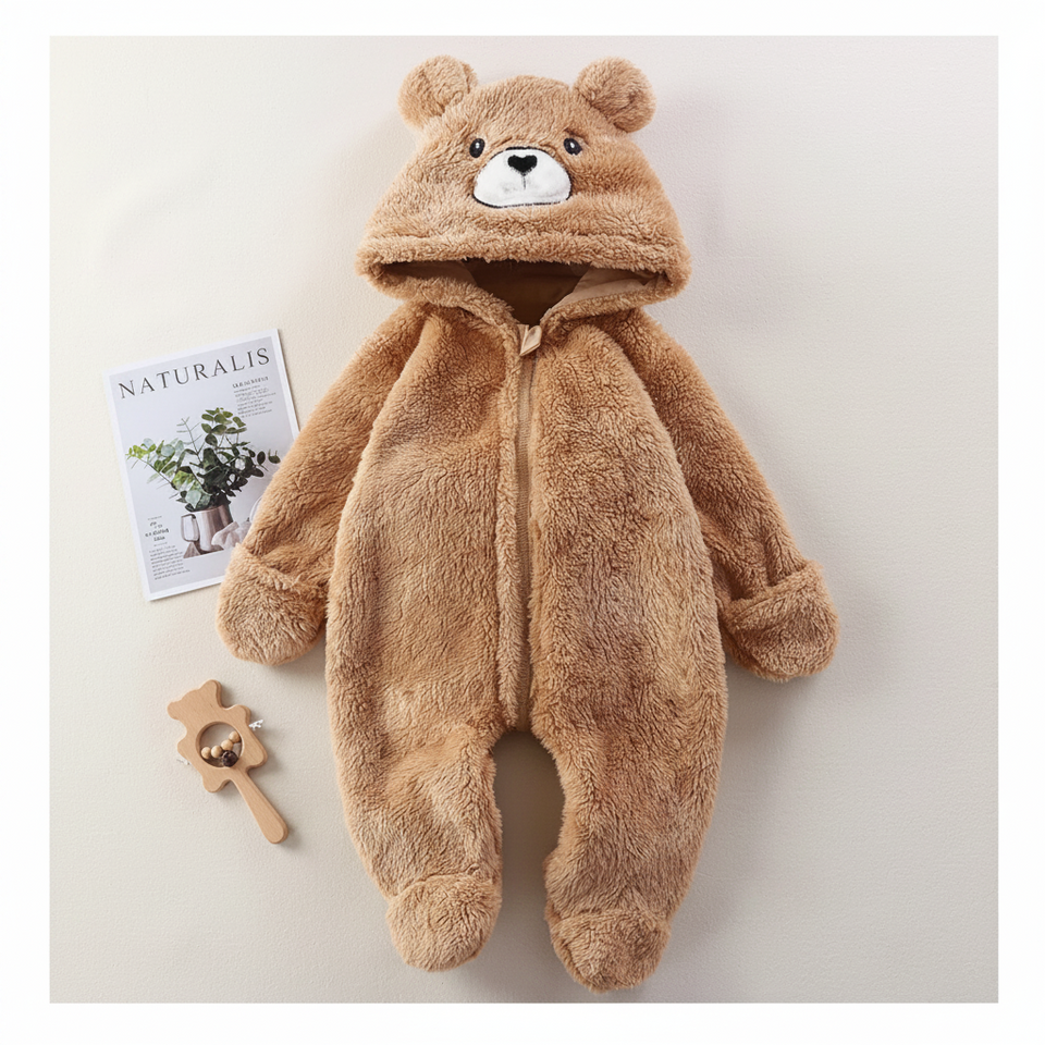 CozyBear – Mjuk & varm – Babyoverall med huva med djurmotiv