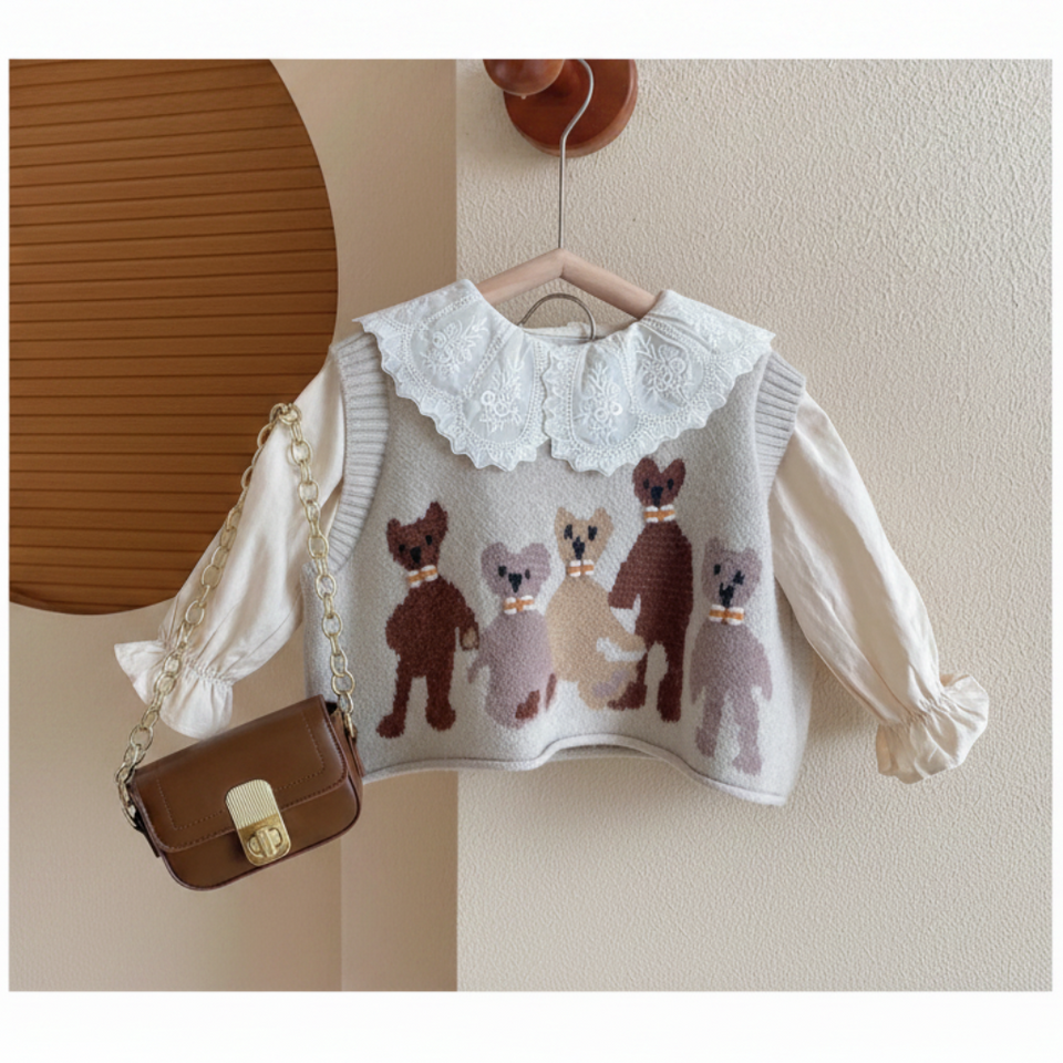 PrettyLayers – Sött & elegant – 3-delat set för flickor med kjol, blus och stickad kofta