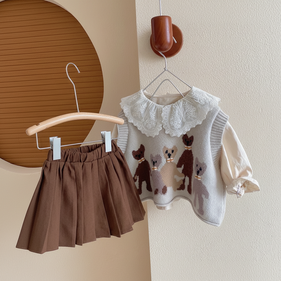 PrettyLayers – Sött & elegant – 3-delat set för flickor med kjol, blus och stickad kofta