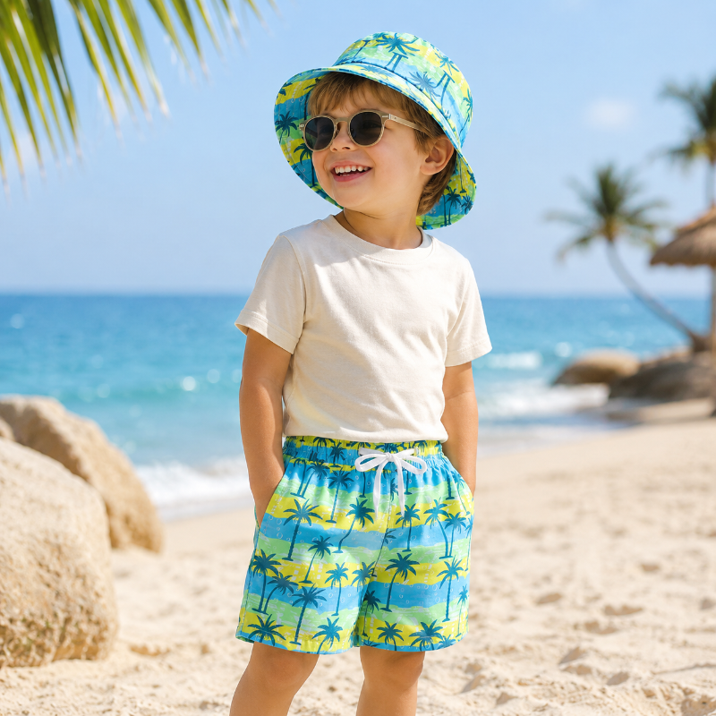 Beach Set – Färgglatt och stilfullt – Badbyxor med tryck och hatt