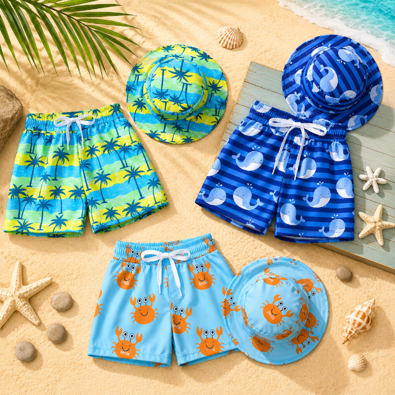 Beach Set – Färgglatt och stilfullt – Badbyxor med tryck och hatt