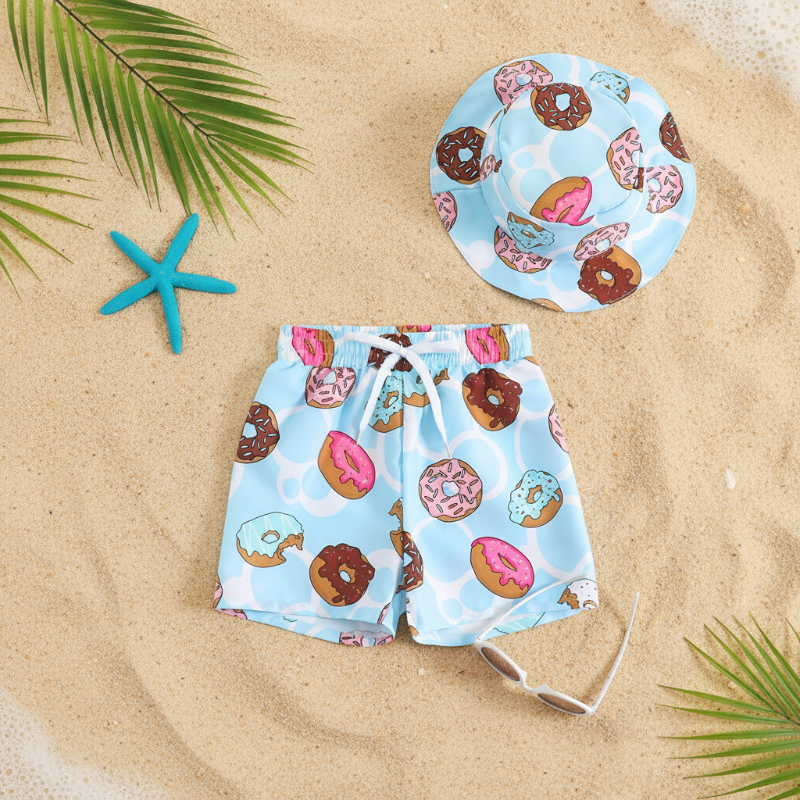 Beach Set – Färgglatt och stilfullt – Badbyxor med tryck och hatt