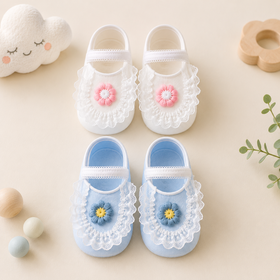 SweetFeet – Mjuka & söta – babystrumpor med blommor och spetsar
