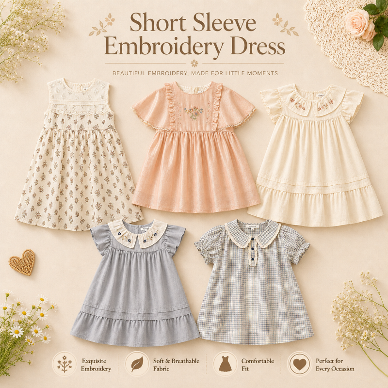 Short Sleeve Embroidery Dress – Elegant & bekvämt – boutique-klänning för flickor