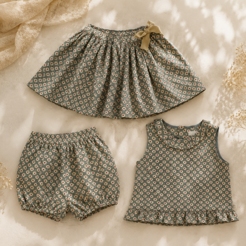 Matching Set – Bekvämt & med prästkrage-mönster – bloomers, kjol & blus