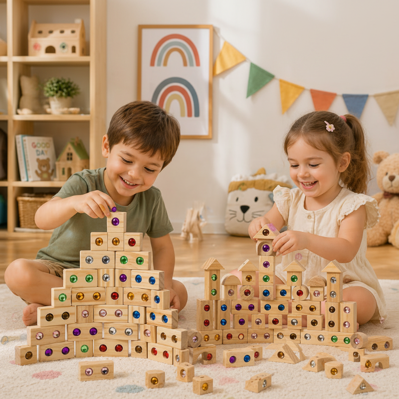 Rainbow Gem Stacking Blocks – Kreativt & lärorikt – Set med stapelklossar i trä