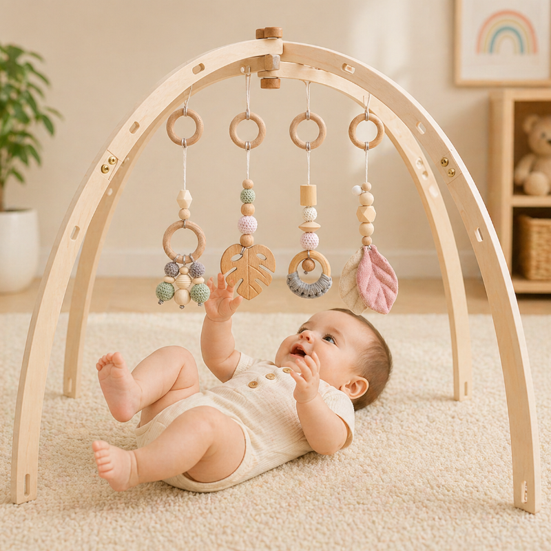Wooden Baby Rattle Toy – Sensorisk & säker – Babygym