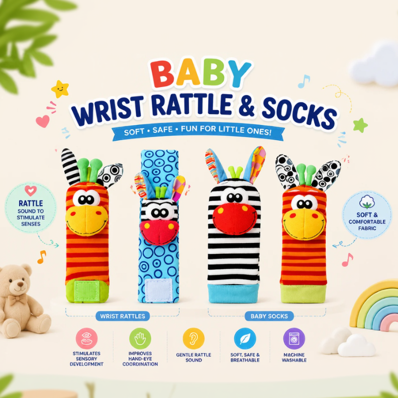 Wrist Rattle and Socks – Motorik & lek – Babyrasslor (4-pack)