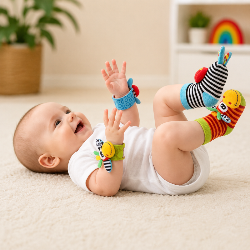 Wrist Rattle and Socks – Motorik & lek – Babyrasslor (4-pack)