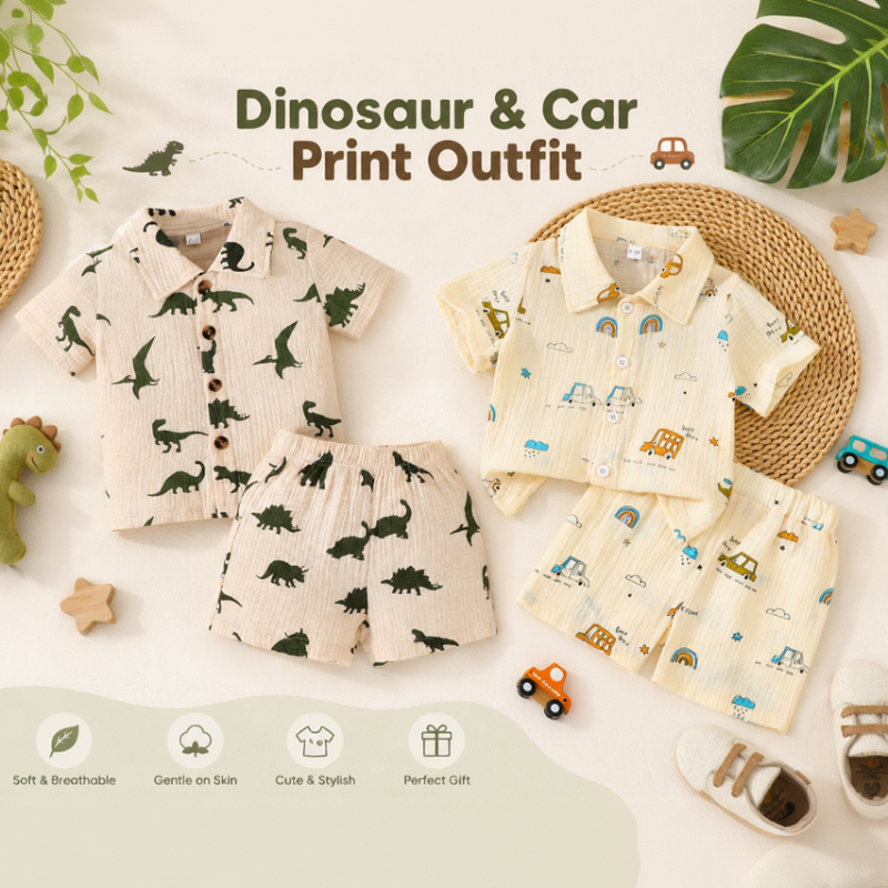 Dinosaur & Car Print Outfit – Tufft & lekfullt – Sommarklädset