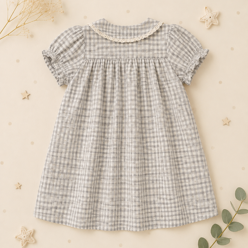 Check Dress – Mjuk och andningsbar – Klassisk krage med puffärmar