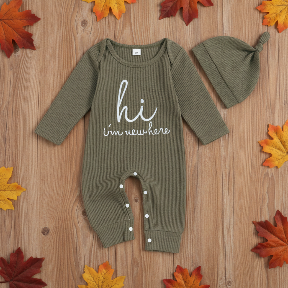 CuddleBaby – Hej, jag är ny här – Set med babyoverall och mössa
