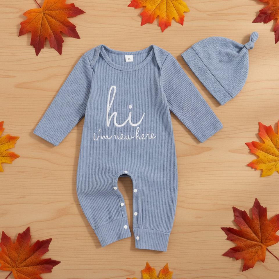 CuddleBaby – Hej, jag är ny här – Set med babyoverall och mössa