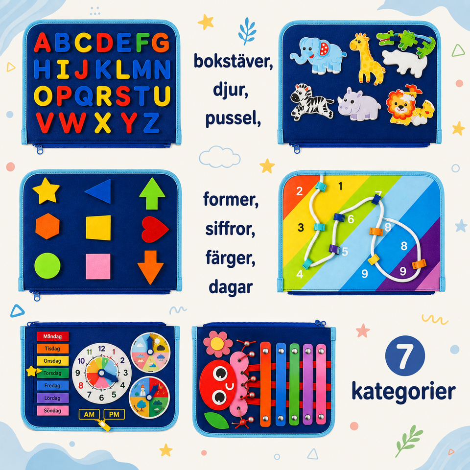 7-in-1 Busy Board – Motorik & inlärning – Aktivitetstavla