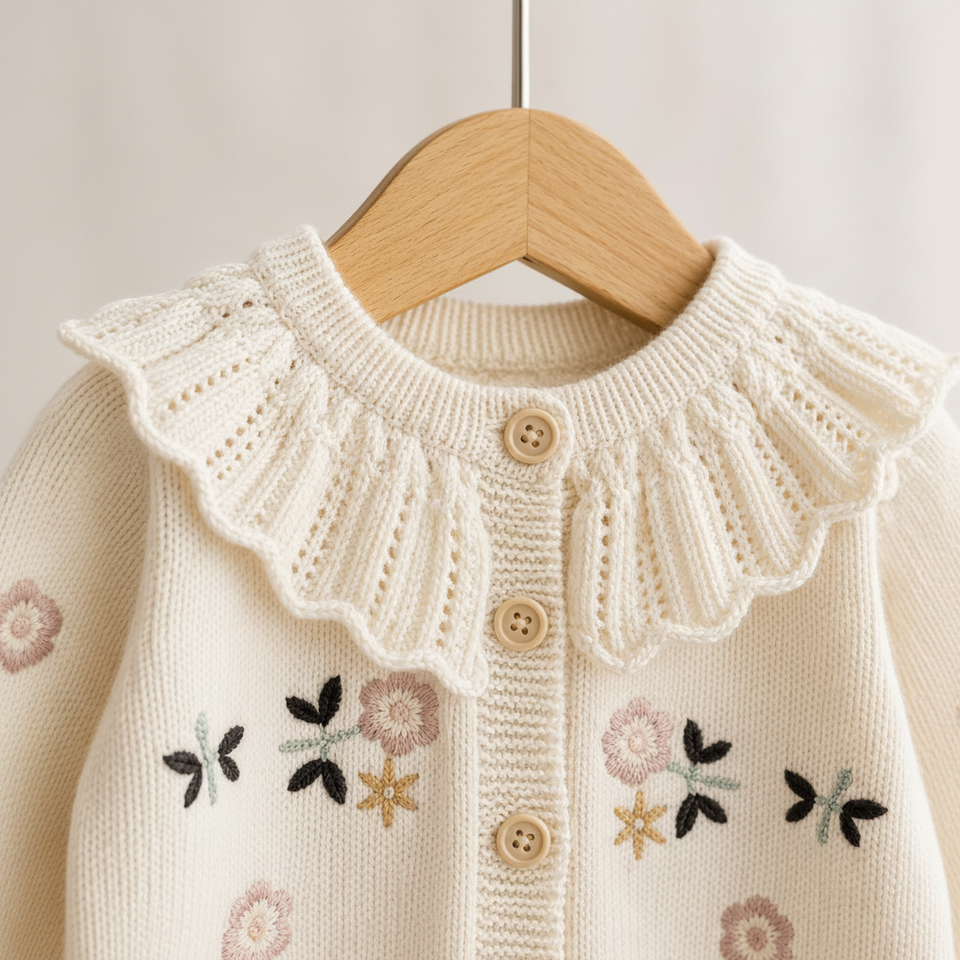 FloraKnit – Varmt och trendigt – stickad kofta med blomdetaljer