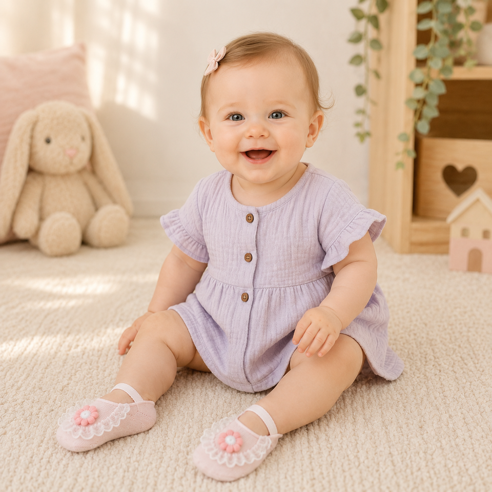 SweetFeet – Mjuka & söta – babystrumpor med blommor och spetsar