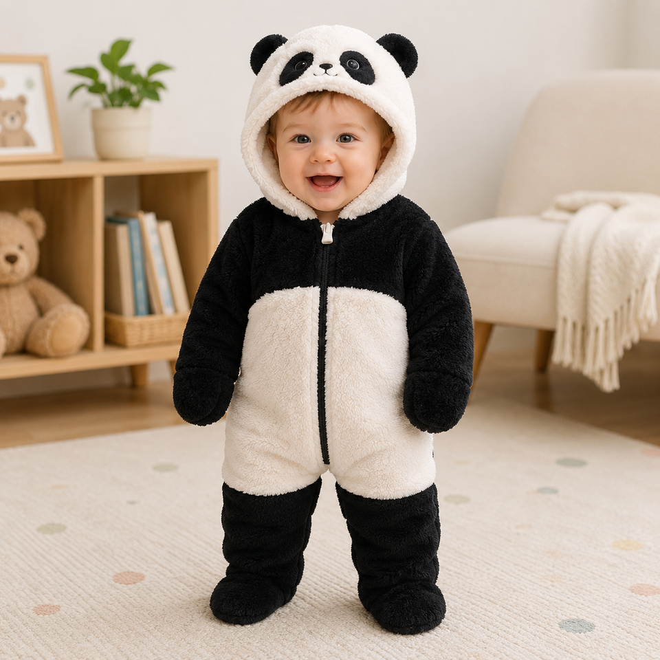 CozyBear – Mjuk & varm – Babyoverall med huva med djurmotiv