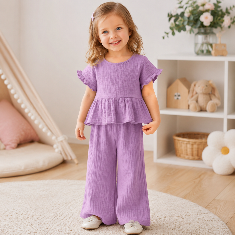 SoftCharm – Elegant och bekvämt – Set för flickor med volangtröja och långbyxor