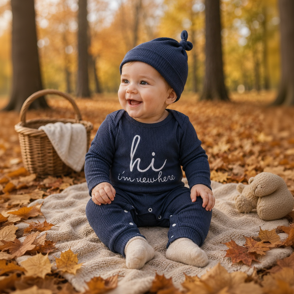 CuddleBaby – Hej, jag är ny här – Set med babyoverall och mössa