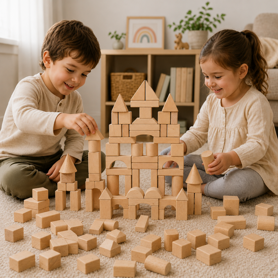 BlockyFun – Kreativt & pedagogiskt – byggklossar i trä, 100 delar