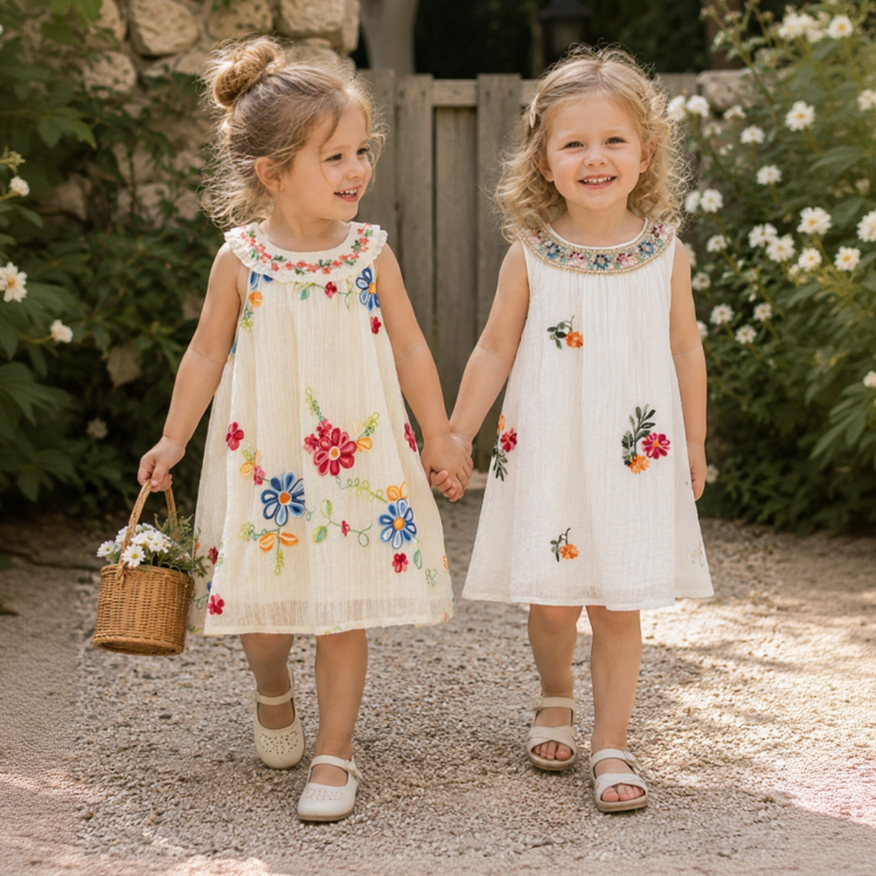 MiniFlora – Lätt och charmig – Broderad klänning för småflickor
