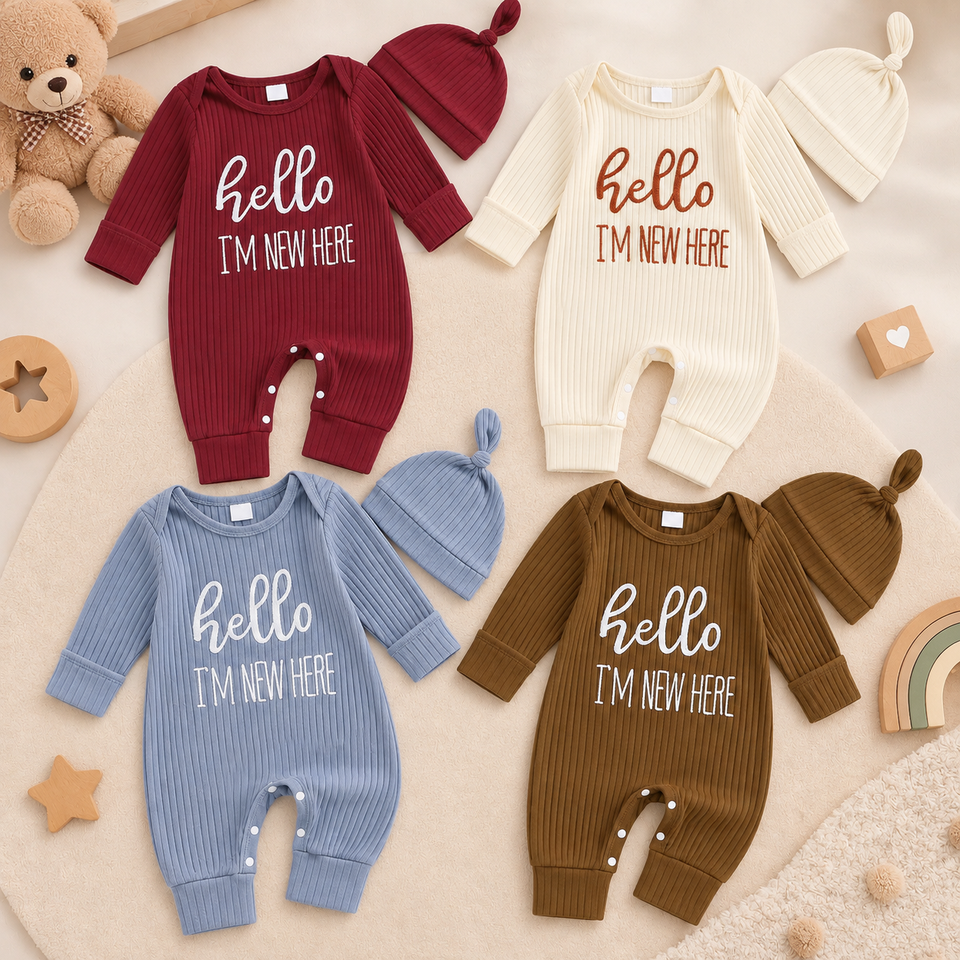 CuddleBaby – Hej, jag är ny här – Set med babyoverall och mössa