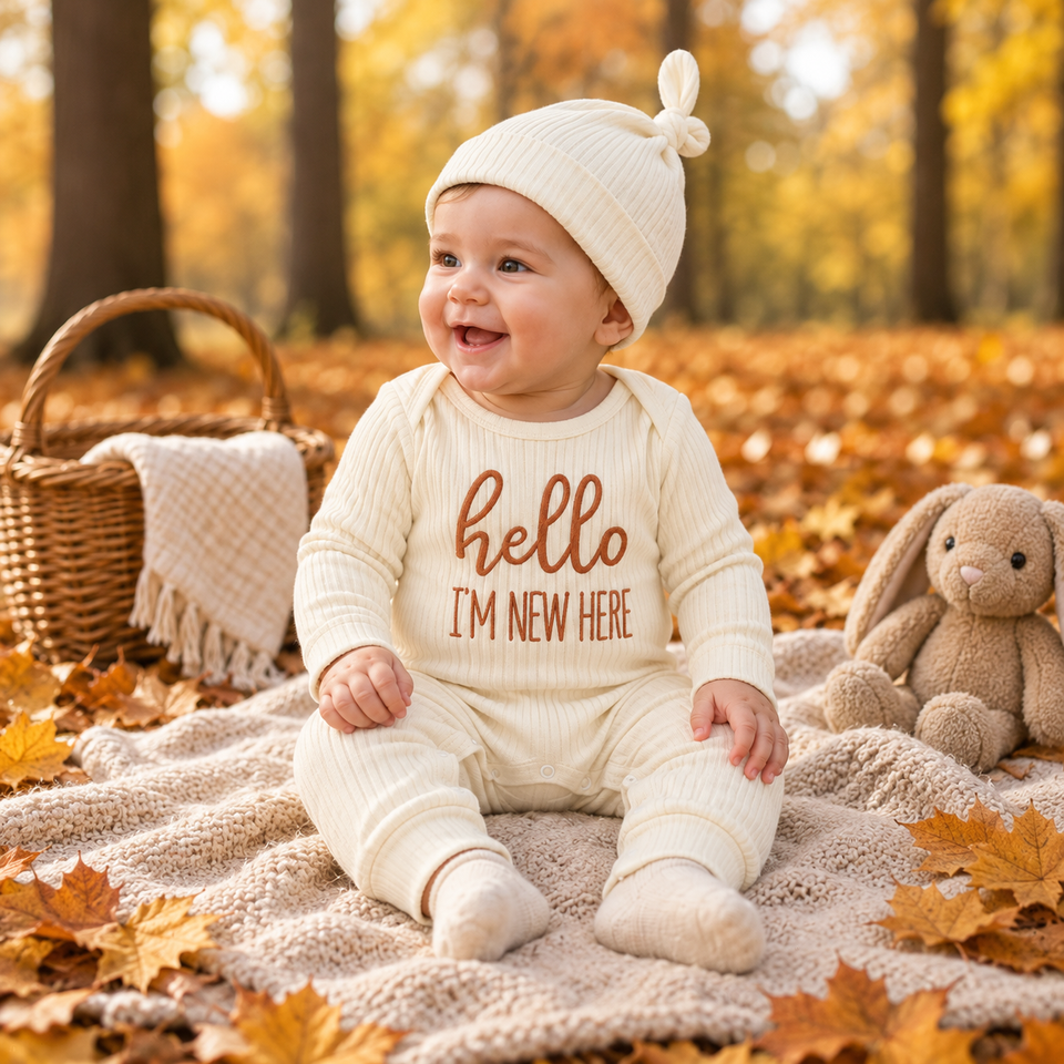 CuddleBaby – Hej, jag är ny här – Set med babyoverall och mössa