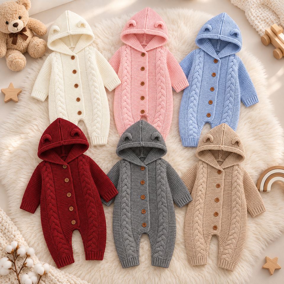 SoftKnit – Varm och söt – Stickad babyoverall med huva