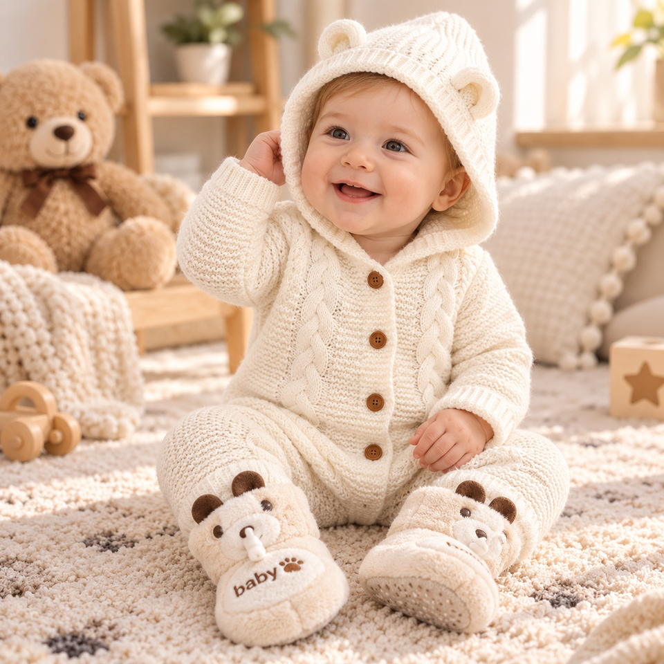 SoftKnit – Varm och söt – Stickad babyoverall med huva