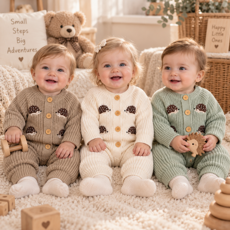 CozyHedge – Mjuk & varm – Stickad babyoverall med igelkottmönster