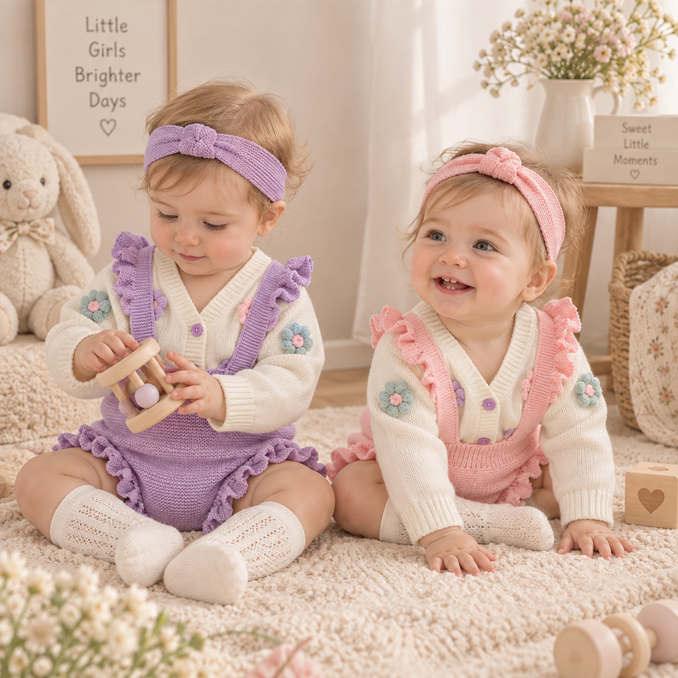 FloraKnit – Mjukt & gulligt – Babykläder med väst, overall och hårband