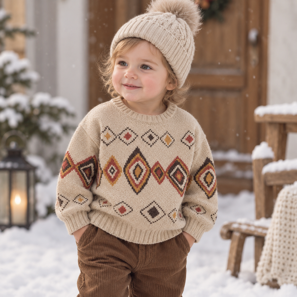 LittleRetro – Varm och stilfull – Stickad barntröja med rombmönster