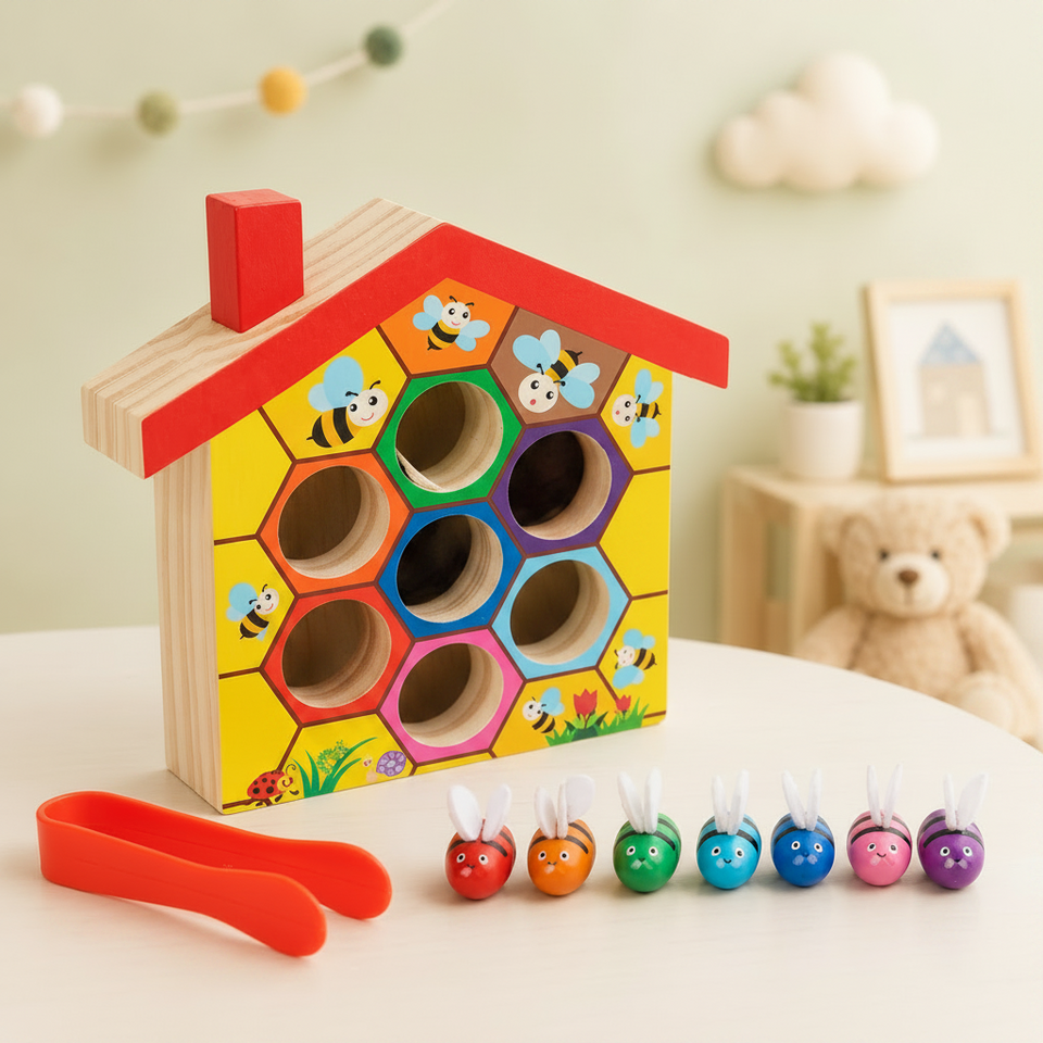 HoneyHive – Montessori & pedagogiskt – Sorteringsspel med bin i trä