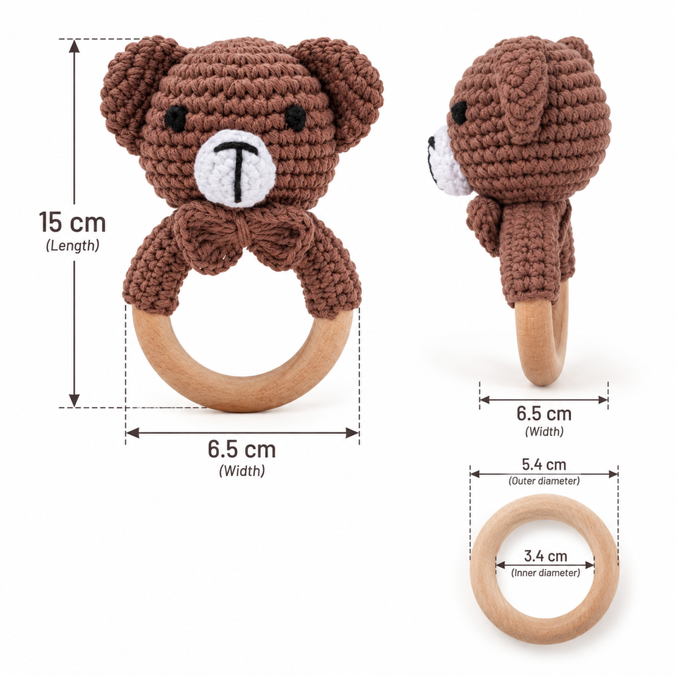 CuddleRattle – Mjuk & lekfull – Virkad babyrassel med träring