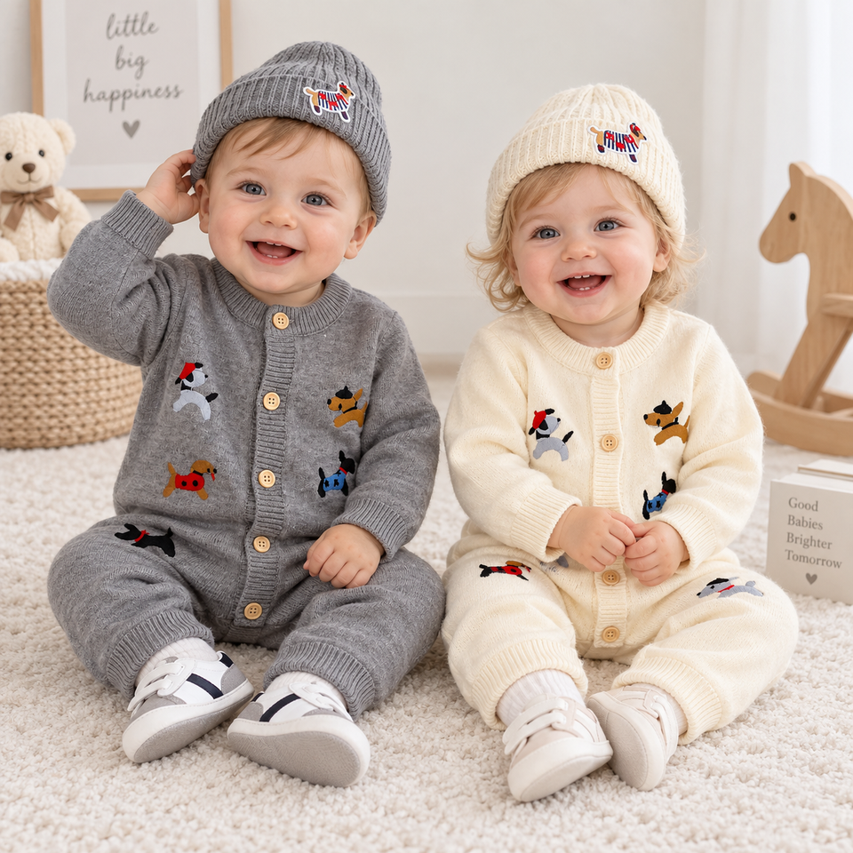 PlayfulKnit – Mjuk & söt – Stickad babyoverall med hundmotiv