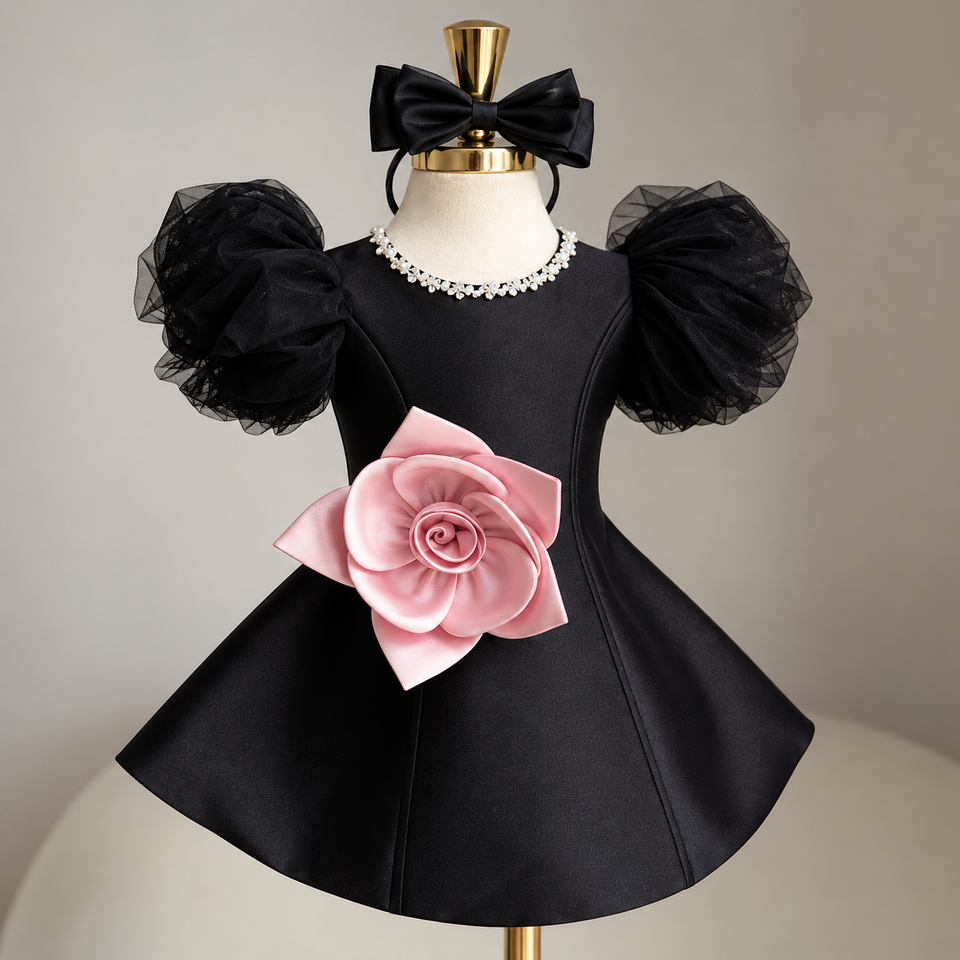 LittleRose – Elegant och festligt – Flickklänning med 3D-blomma och puffärmar