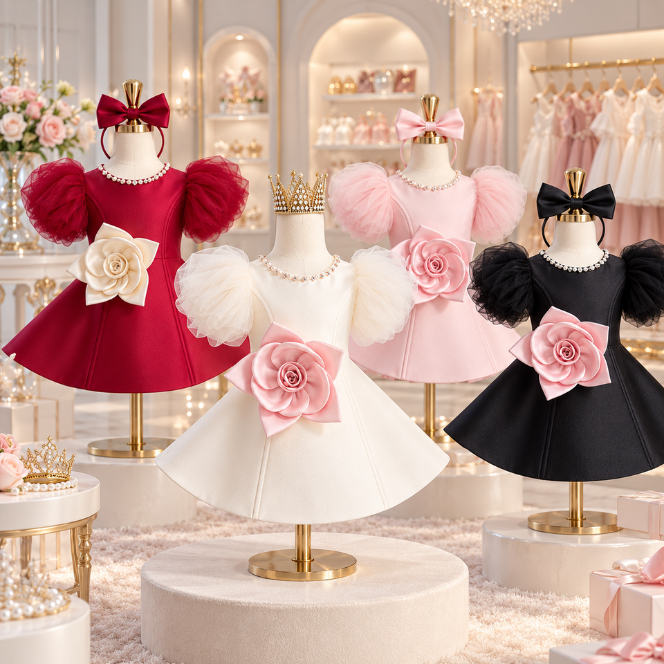 LittleRose – Elegant och festligt – Flickklänning med 3D-blomma och puffärmar