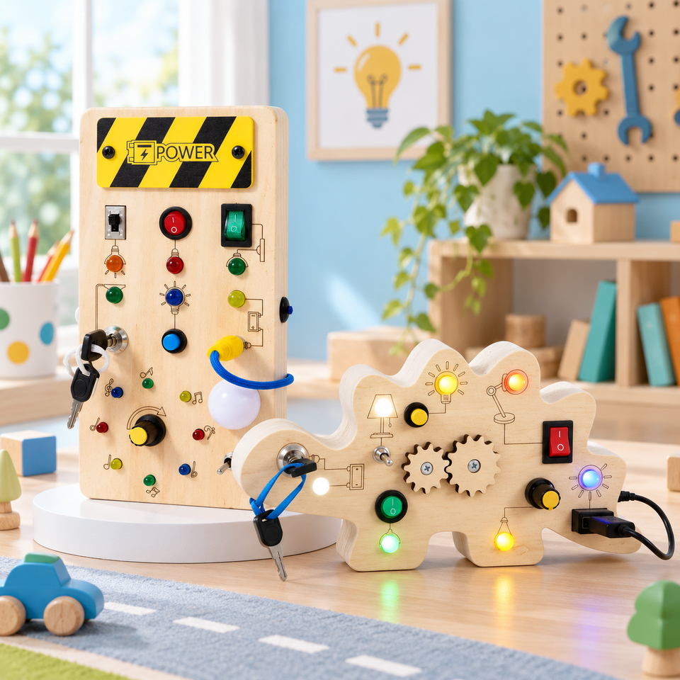 TinyTech – Busy Board i trä med lampor och strömbrytare – pedagogisk leksak
