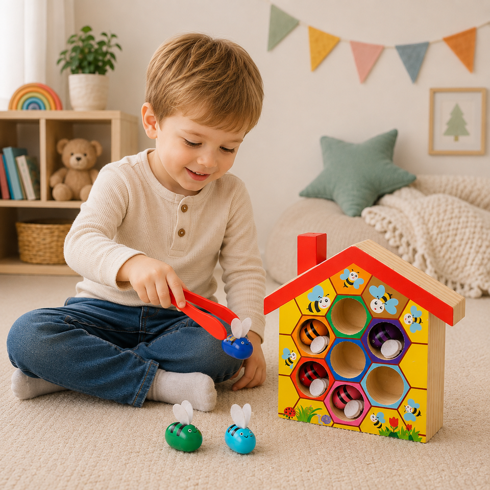 HoneyHive – Montessori & pedagogiskt – Sorteringsspel med bin i trä