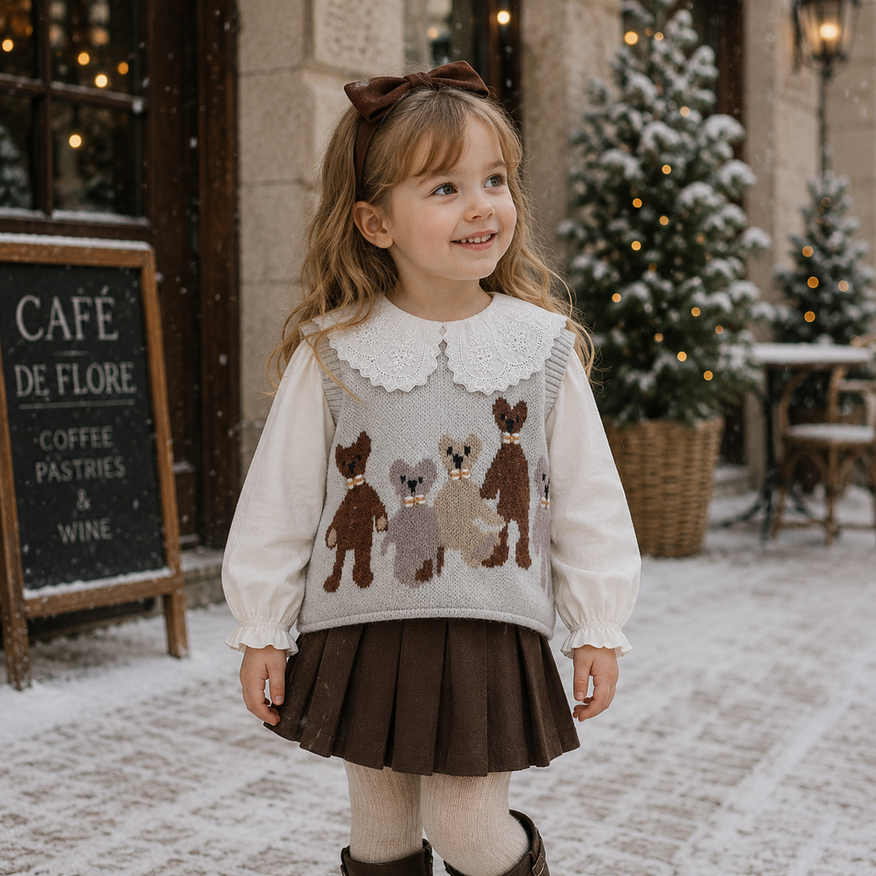 PrettyLayers – Sött & elegant – 3-delat set för flickor med kjol, blus och stickad kofta