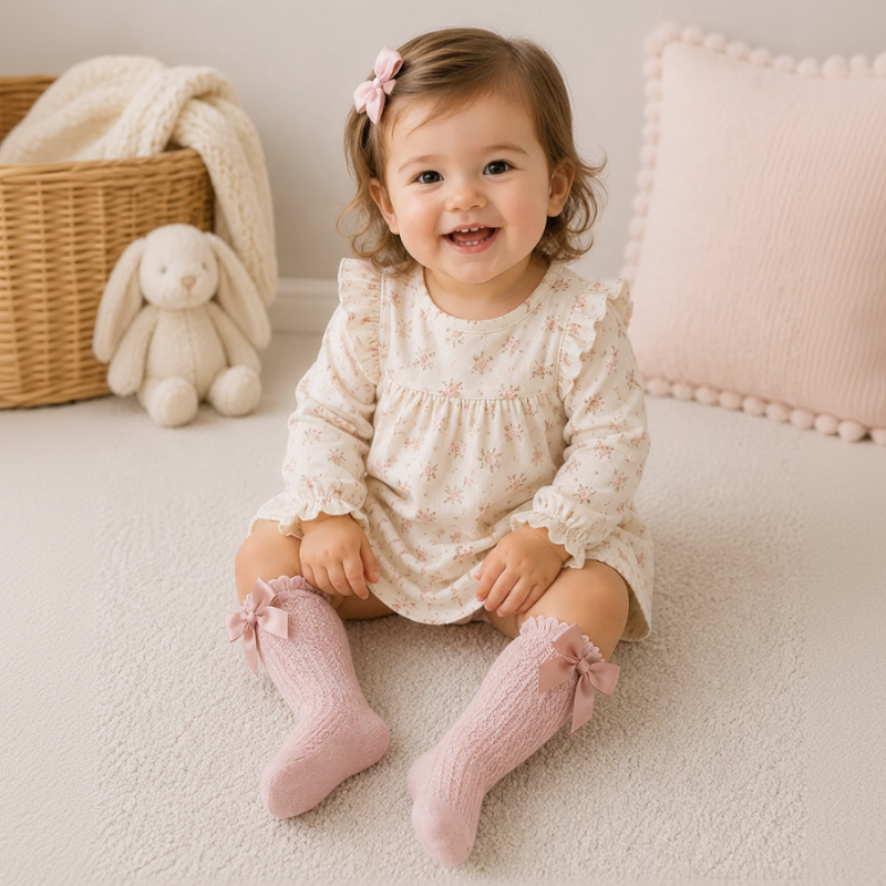 LittleCharm – Mjuka & eleganta – knästrumpor för flickor med rosett